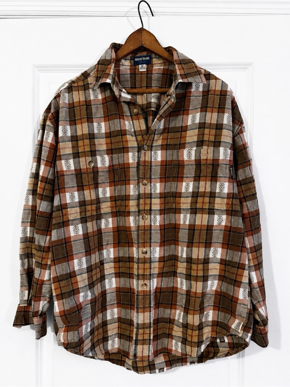 Vintage 90s Guess Jeans Plaid Flannel Button Up Shirt Made in Hong Kong Medium
